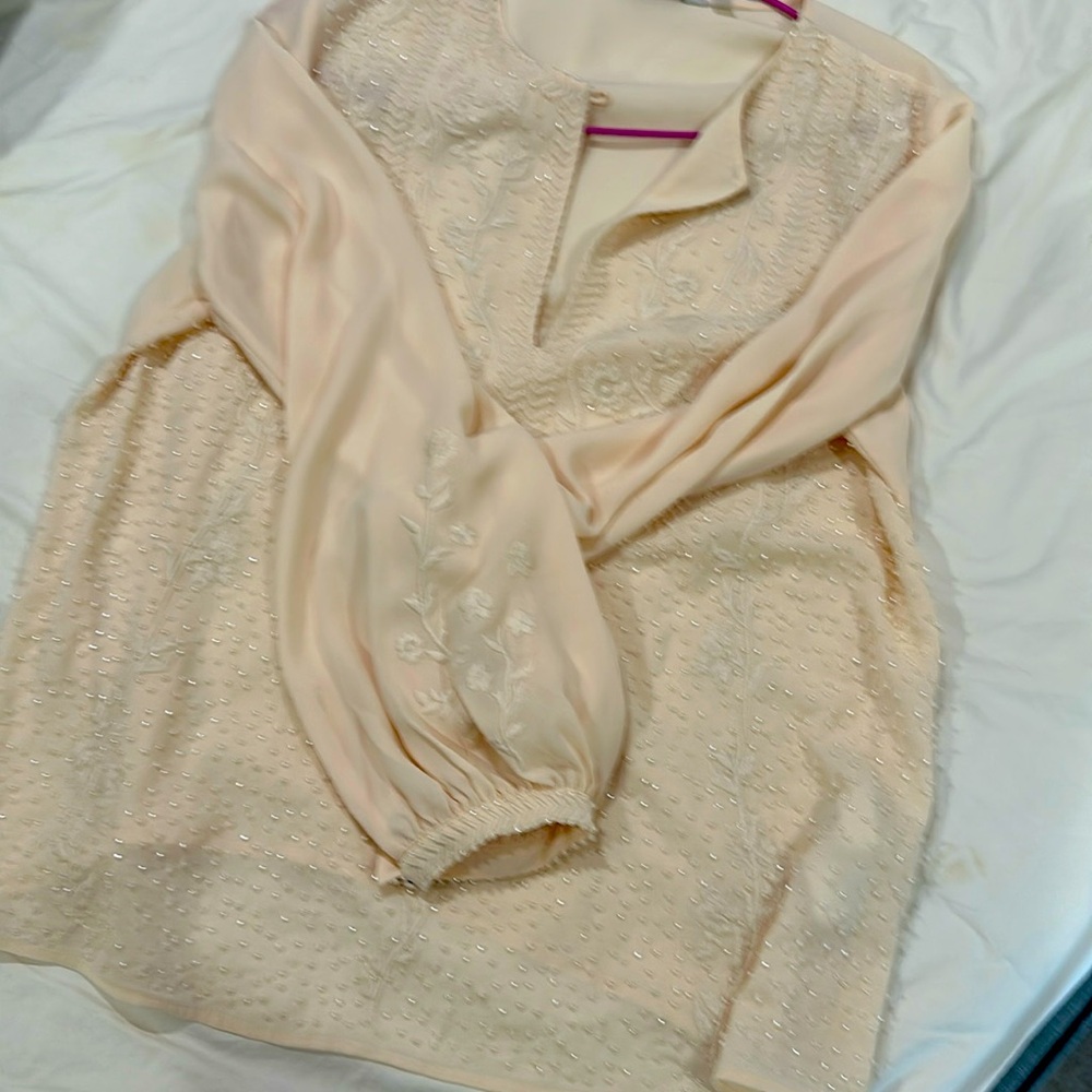 Floral applique beaded cream blouse